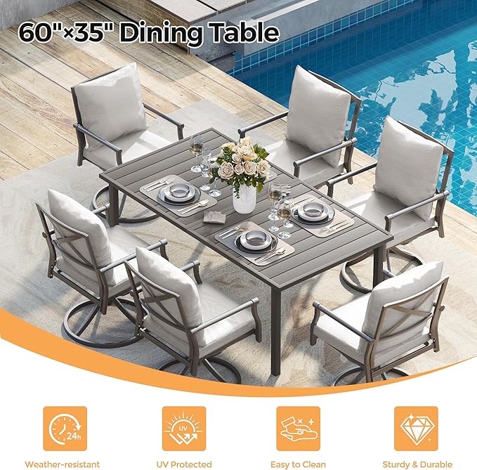 HAPPATIO Patio Dining Set, Metal Outdoor Table and Chairs Set for 6, Powder-Coated Swivel Rocking Chairs with Thickened Cushions, 60" Rectangular Table with 1.5" Umbrella Hole for Deck Backyard Lawn