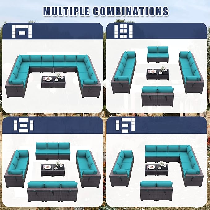 Patio Furniture Set 14-Piece Outdoor Furniture for Backyard Wicker Sectional Sofa Set, PE Rattan Patio Conversation Set 12 Seat with 4 Inch Thickened Cushions and Glass Coffee Tables, Blue