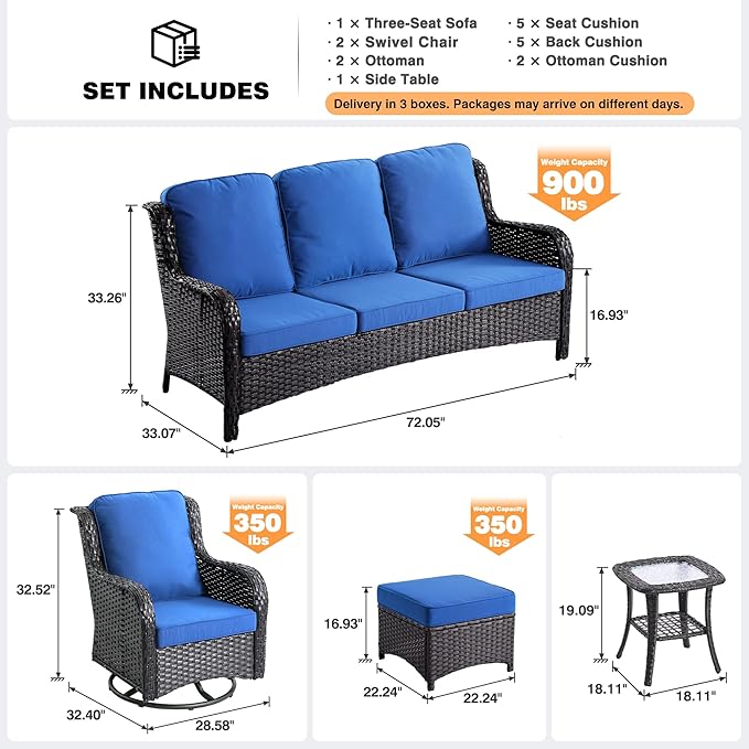 ovios 6-Piece Patio Furniture with Swivel Chairs, Outdoor Wicker Sofa Couch Gliders Rocker Comfy Cushions, High Back Modern Conversation, Brown Rattan, Navy Blue