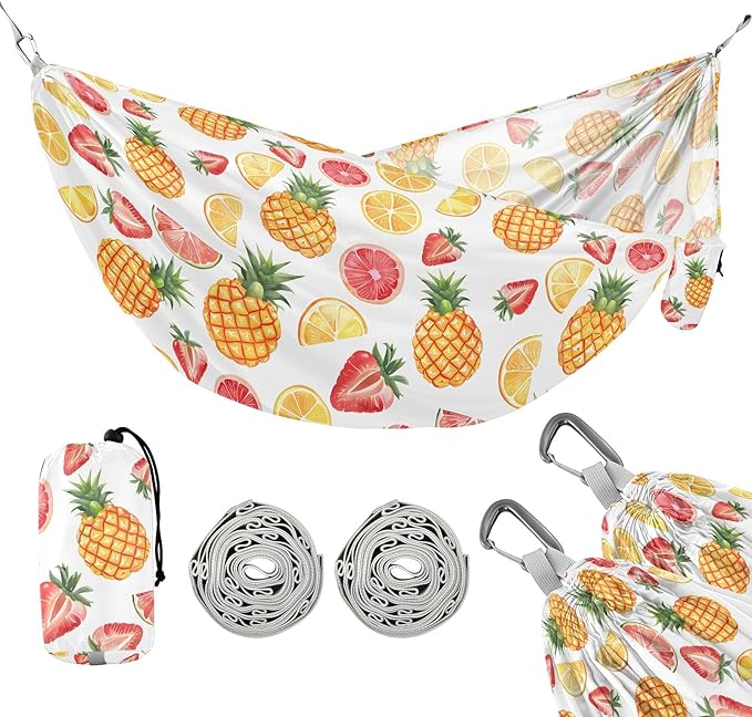 Camping Hammock Outdoor Hammocks for Outside Pineapple Grapefruit Strawberry Beach Trees Portable Lightweight with Pockets Tree Straps Indoor