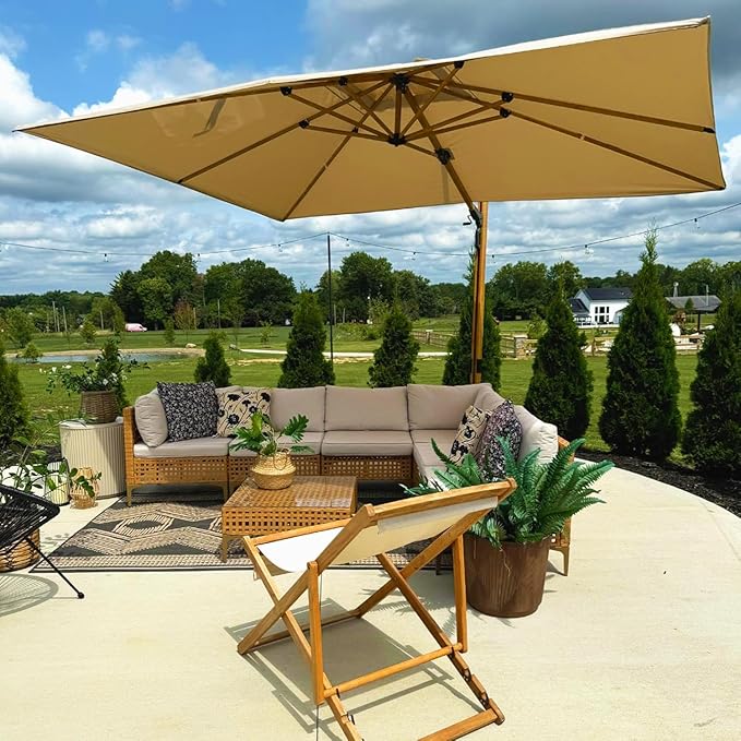 PURPLE LEAF 9' x 12' Rectangle Patio Cantilever Umbrella Large Hanging Umbrella Teak Finished Aluminum Frame Windproof Offset Outdoor Sun Umbrellas for Beach Pool Deck, Beige