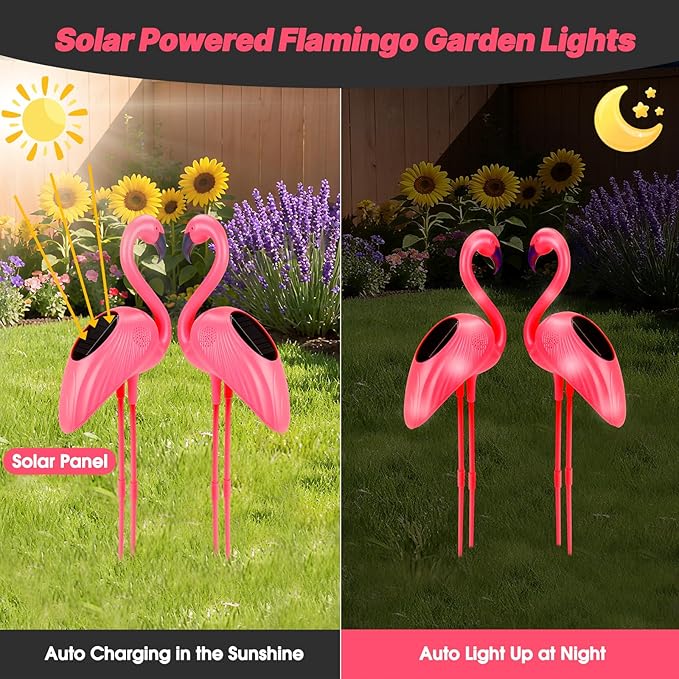 Flamingo Solar Lights Outdoor Decor, 2 Pack Waterproof Solar Powered Garden Pink Flamingos for Yard Decorations, Flamingo Gifts for Women Mom Grandma Walkway Pathway Patio Lawn Ornaments Outside