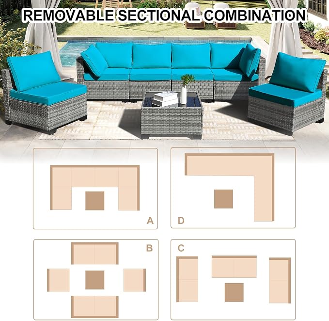 CANMOV 7 Pieces Patio Furniture Sets, All Weather Outdoor Patio Conversation Set, PE Wicker Rattan Sectional Sofa Couch Glass Coffee Table Washable Cushions for Backyard Garden, Porch, Peacock Blue