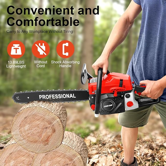 20 Inch Gas Powered Chainsaw 58CC Cordless Handheld Chainsaw Portable Chain Saw for Gardens Farms Forests Orchards,10500RPM