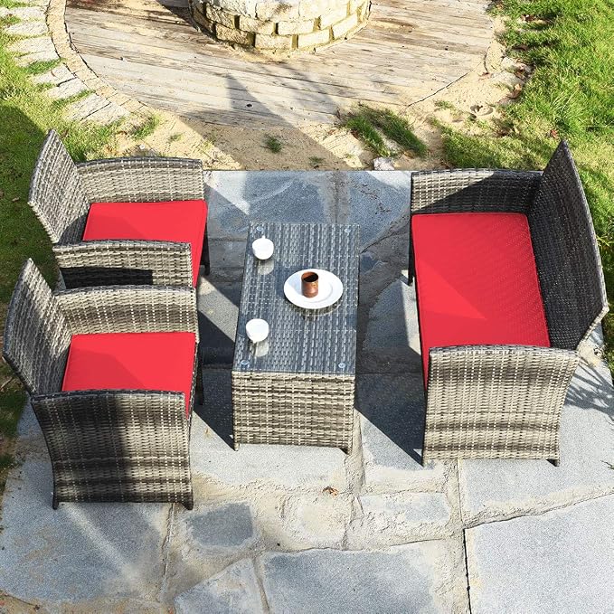 Outdoor Conversation Set, 8 Pieces Wicker Patio Chair Set with Ergonomic Curved Design, Water-Resistant Cushion & Tempered Glass Table for Porch, Poolside (Red)