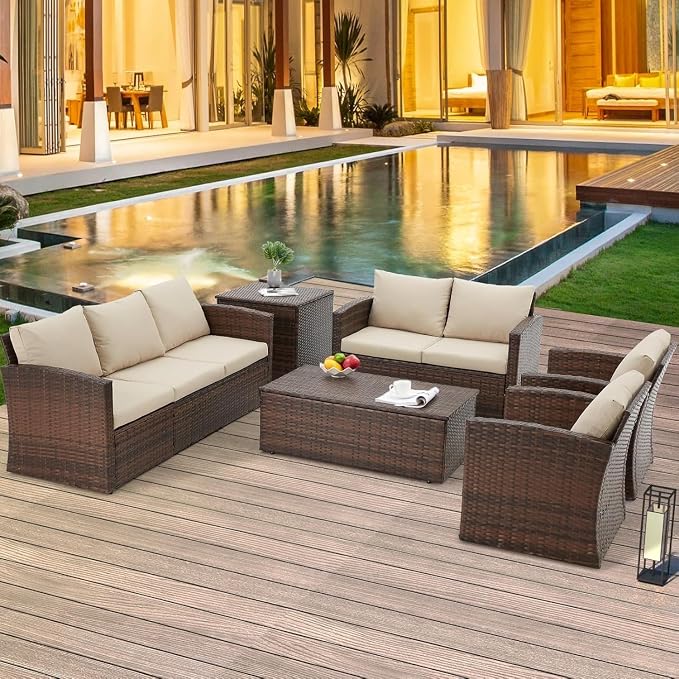 Outdoor Patio Furniture 7 Piece Set with Two Storage Boxes, All-Weather PE Rattan Sectional Sofa Conversation Set with Cover for Backyard Garden Deck