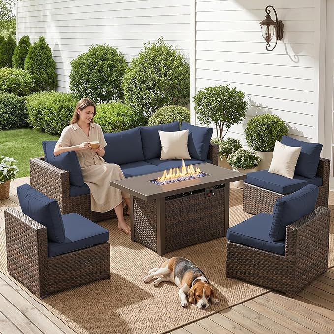 7 Pieces Patio Furniture Sets Outdoor Sectional Sofa with 44'' Propane Rattan Wicker Firepit Table, Patio Sectional Conversation Set with Cushions for Backyard, Poolside, Garden Blue