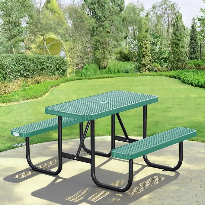 4FT/48IN Heavy Duty Outdoor Picnic Table and 2 Benches for 2-6 People, Weather Resistant Rectangular Steel Picnic Table Set with Umbrella Hole for Yard Patio Lawn Party Green