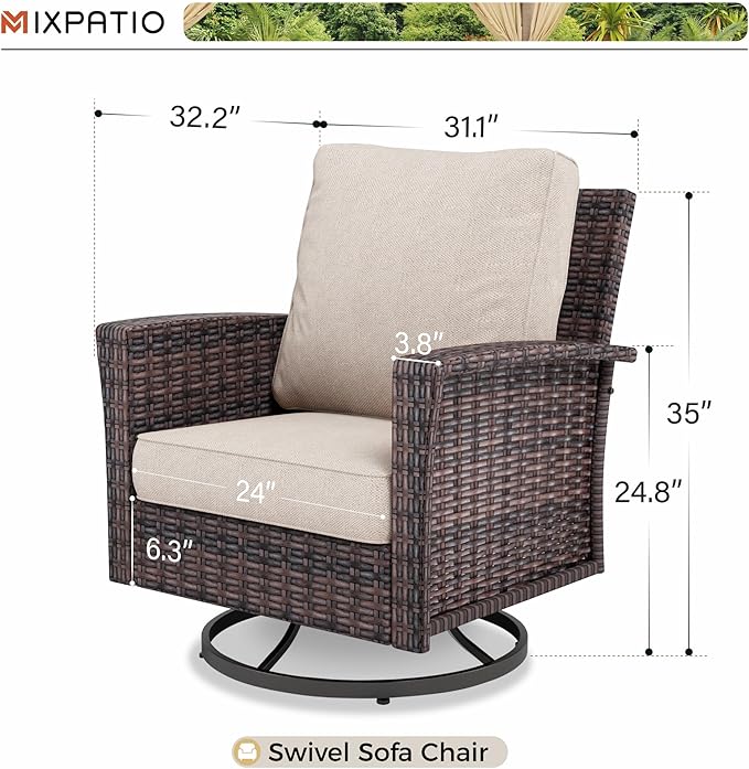 Swivel Patio Wicker Chairs Set of 2, High Back Outdoor Swivel Patio Rattan Chairs with 5.5" Thick Cushions for Bistro Balcony Porch Deck and Yard, Beige