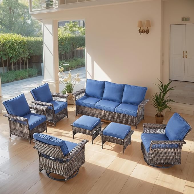 Patio Furniture Set 2 Wicker Swivel Glider Chairs 2 PE Rattan Chairs and 2 Ottomans with Blue Cushions Patio PE Rattan Side Table Brown Wicker Patio Conversation Set 7pcs for Patio