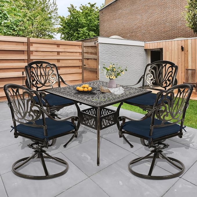 5 Piece Patio Dining Set, Outdoor Table and Chairs Set for 4 Cushioned Swivel Rocking Chairs and 35.4'' Square Table, All-Weather Cast Aluminum Patio Funiture Set, 2.2'' Umbrella Hole, Navy