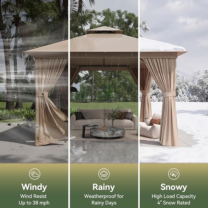 10'x10' Gazebo, Outdoor Gazebo Metal Frame Canopy with Double Roofs, Heavy Duty Patio Tent Shelter with Mosquito Netting and Privacy Screen for Backyard, Beige