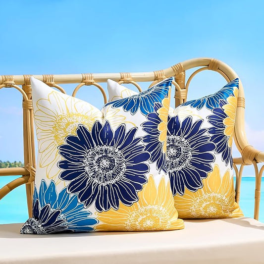Waterproof Outdoor Pillow Covers 18x18 Decorative Summer Sunflower Square Pillow Covers Blue Yellow Throw Pillow Covers Set of 2 Garden Cushion Throw Pillowcase for Patio Furniture Tent Balcony Bench