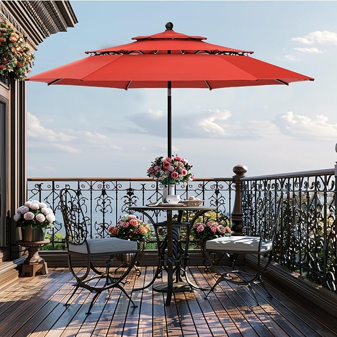 GREEN PARTY 10ft Outdoor Patio Umbrella, [Auto-Tilting] 3 Tiers Market Table Umbrellas with 1.5" Pole, 8 Sturdy Ribs, 3-Year-Non-Fading for Garden Deck Pool Backyard, Orange Red