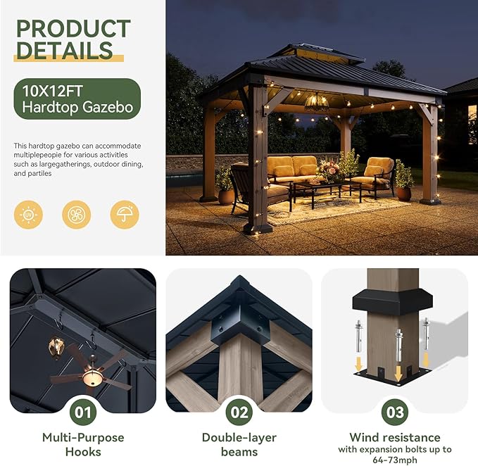 Aoxun 10' x 12' Outdoor Wood Gazebo, Hardtop Gazebo Permanent Wooden Pavilion with Galvanized Steel Double Roof, for Patio, Garden, Deck, Cedar Wood, Grey