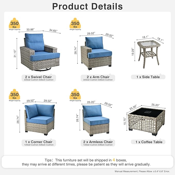 Weaxty 9 Pieces Patio Furniture Set, Outdoor Sectional Furniture Sofa Set w/Swivel Rocking Chairs Coffee Table, PE Wicker Modular Couch Conversation Set for Backyard Garden,Sapphire Blue
