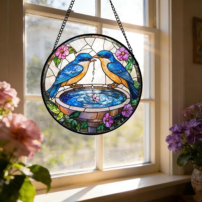 DASTOLL Stained Glass Window Hanging, 2 Blue Birds Suncatcher Diamond Glass Panel Hangings Bird Lover Sun Catchers Decor for Birthday for Women, Men, Wife, Aunt, and Mom 14.9 in