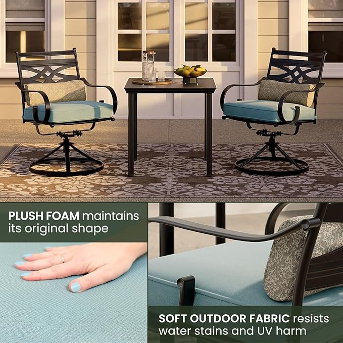 Hanover Montclair 3-Piece Outdoor Bistro Set with 2 Swivel Rocker Chairs with Comfortable Seat and Lumbar Cushions, 27" Square Stamped Rectangle Table, All-Weather Patio Conversation Set