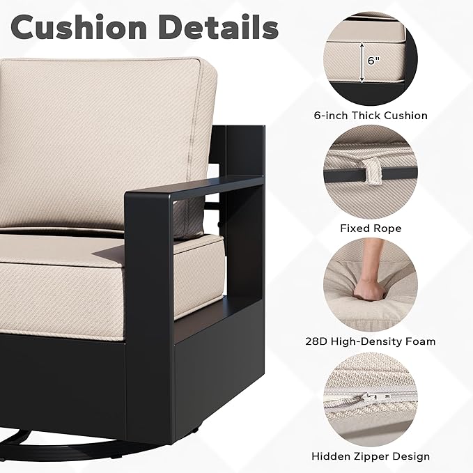 Aluminum Patio Swivel Chair - Outdoor Swivel Rocking Chair with 6" Thick Removable Cushions, All-Weather Metal Frame, Deep Setting for Garden, Poolside and Porch