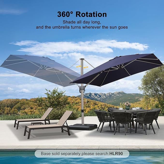 PURPLE LEAF 10’ X 10‘ Patio Umbrella Outdoor Cantilever Umbrella, Aluminum Offset Umbrella with Champagne Frame and 360° Rotation for Pool Deck Garden, Navy Blue