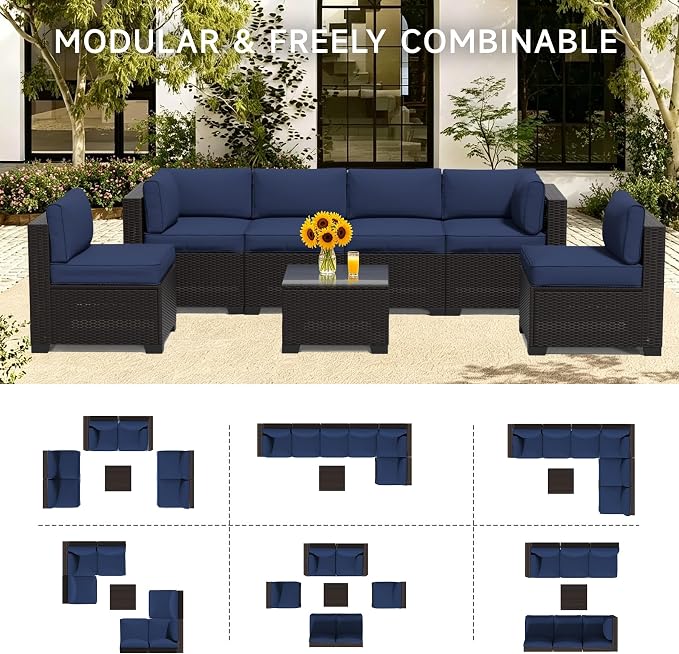 7 Pieces Outdoor Patio Furniture Set, Wicker Modular Sectional Sofa, All Weather Conversation Sets with Glass Table for Yard, Garden, Poolside
