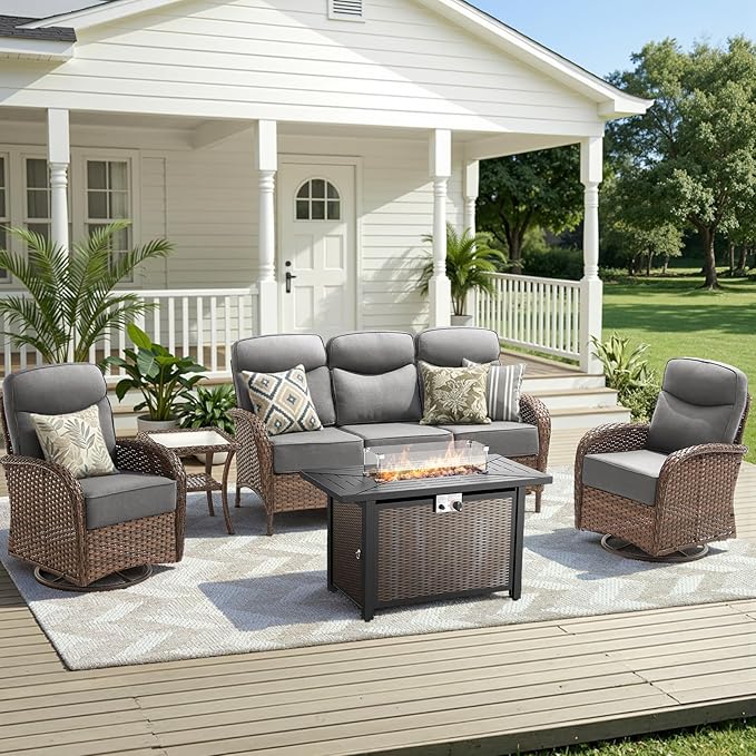 Luxury Patio Furniture Set with 42.5" Fire Pit Table, 6-Inch Thick Cushions Wicker Outdoor Furniture with High Back Swivel Patio Chairs Set of 2, Patio Conversation Set for Deck Garden Porch, Gray