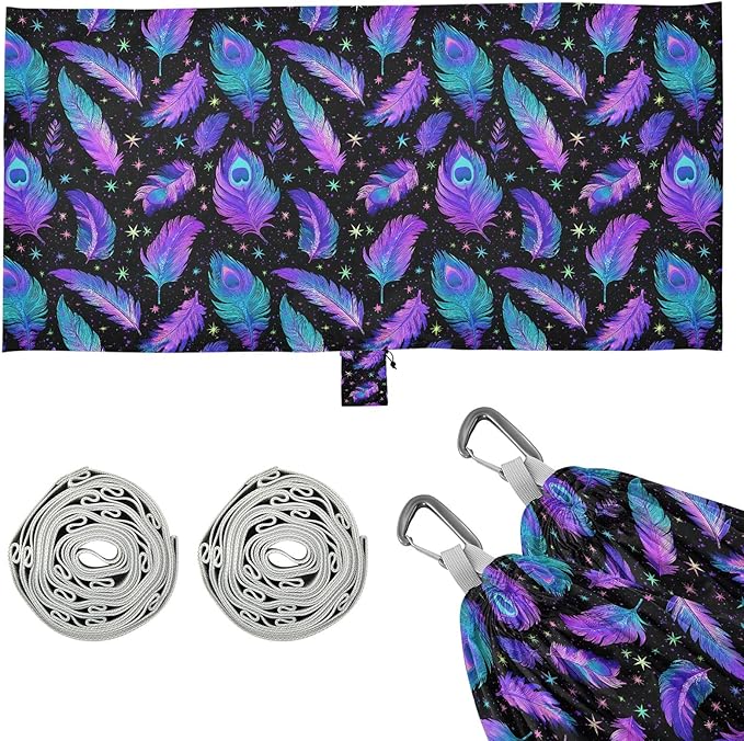 Camping Hammock Outdoor Hammocks for Outside Holographic Purple Feather Beach Trees Portable Lightweight with Pockets Tree Straps Indoor Small