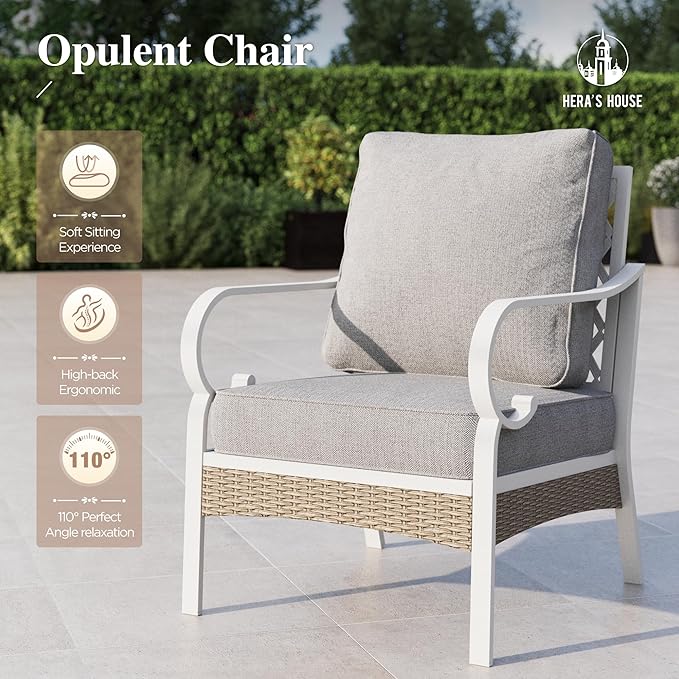HERA'S HOUSE 5 Piece Metal Patio Furniture Set, 7 Seats All Weather Outdoor Conversation Set, 3 Seat Sofa with Loveseat, 2 Fixed Chairs, Coffee Table for Backyard, Garden, Deck, White/Grey