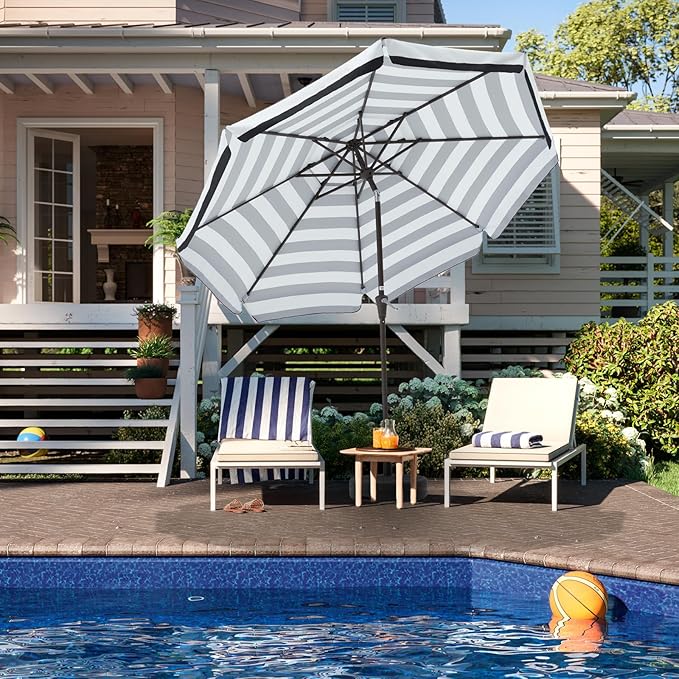 JEAREY 9' 2-Tiers Patio Umbrellas Outdoor Market Table Umbrella w/Push Button Tilt/Crank, 8 Sturdy Ribs, UV Protection Waterproof Sunproof(Black Stripe)