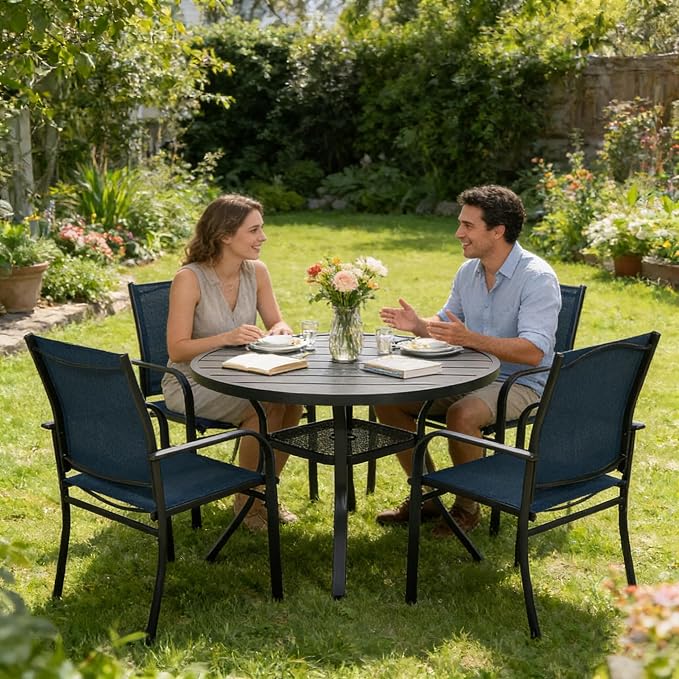 SUNCROWN 5-Piece Outdoor Dining Set, Patio Furniture Set with 4 x Textilene Dinning Chairs and 41" Metal Round Table with Umbrella Hole for Lawn Garden Backyard Deck, Blue