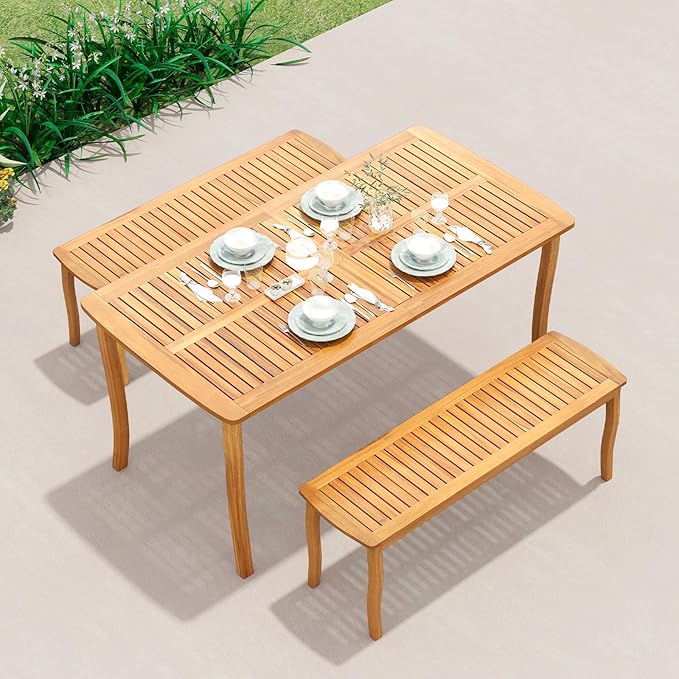 Tangkula 3 Pieces Patio Wood Dining Set, 63 Inch Outdoor Acacia Rectangular Table with 1.97” Umbrella Hole and Benches Set, for Deck, Garden and Backyard