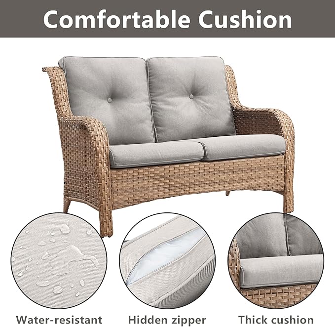 Rilyson Outdoor Loveseat Wicker Patio Sofa - 2 Seat Rattan Outdoor Couch Patio Furniture with Deep Seating and Comfortable Cushions for Porch Deck Balcony(Yellow/Beige)