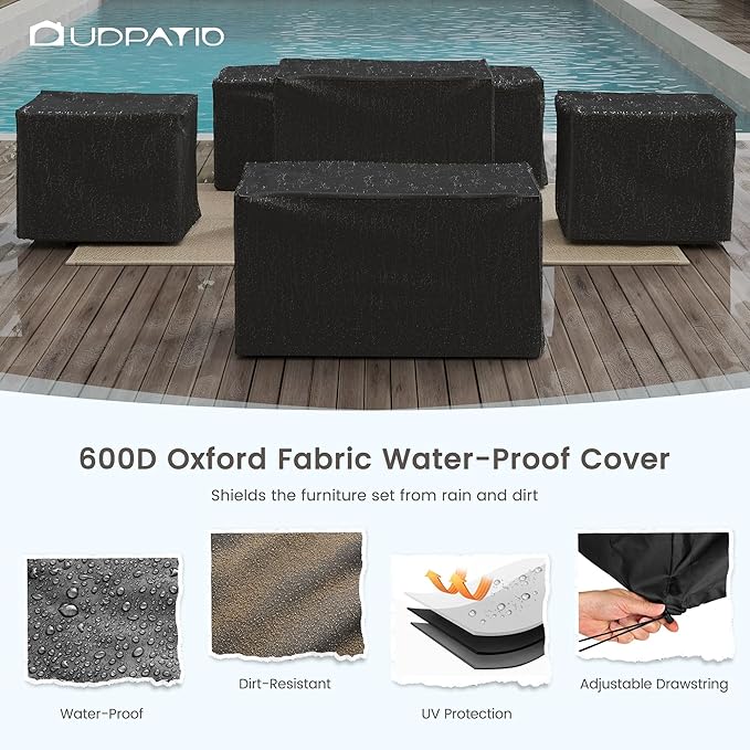UDPATIO 5 Piece Aluminum Patio Furniture Set with Fire Pit Table,Faux Wood Patio Conversation Set with Olefin Fabric Thick Cushions, Aluminum Outdoor Furniture, 600D Waterproof Cover Included, Grey