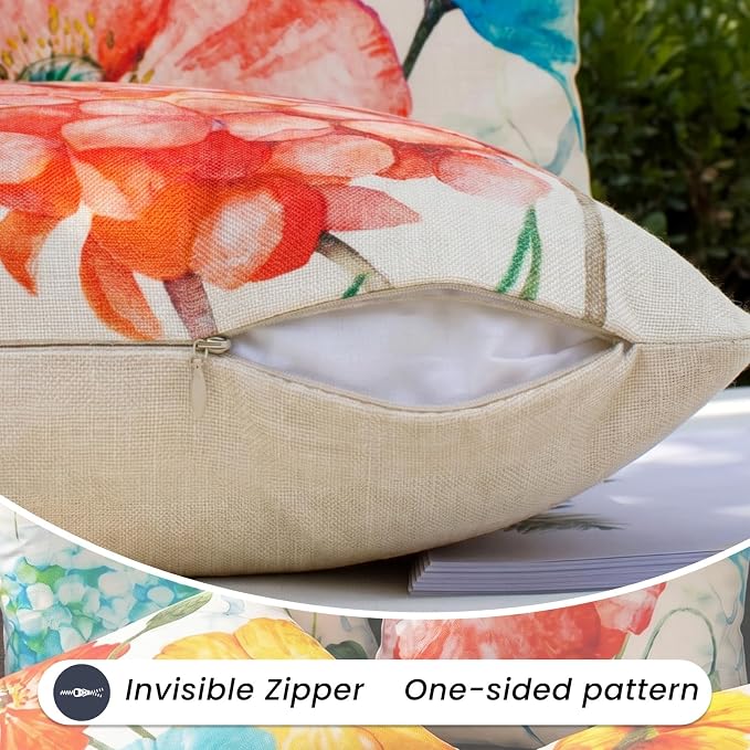 Summer Outdoor Throw Pillow Covers Waterproof, Lotus Flower Hydrangea Decor | 18x18 Summer Outdoor Pillow, Lotus Flower Decor, Hydrangea Pillow Covers, Set of 4, Outdoor Pillows for Porch Patio Furniture