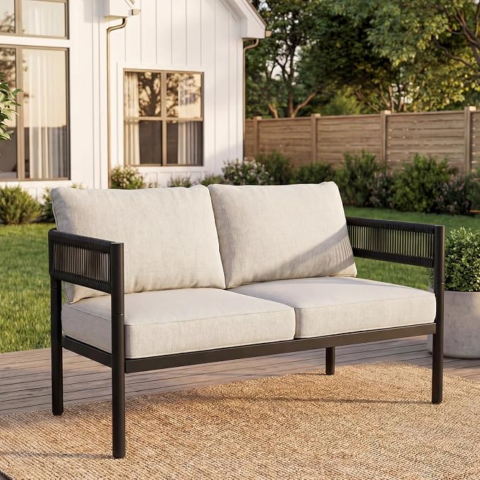 Gand Patio Outdoor Loveseat,Wicker Conversation Set with Thick Cushion for Porch, Garden, Yard