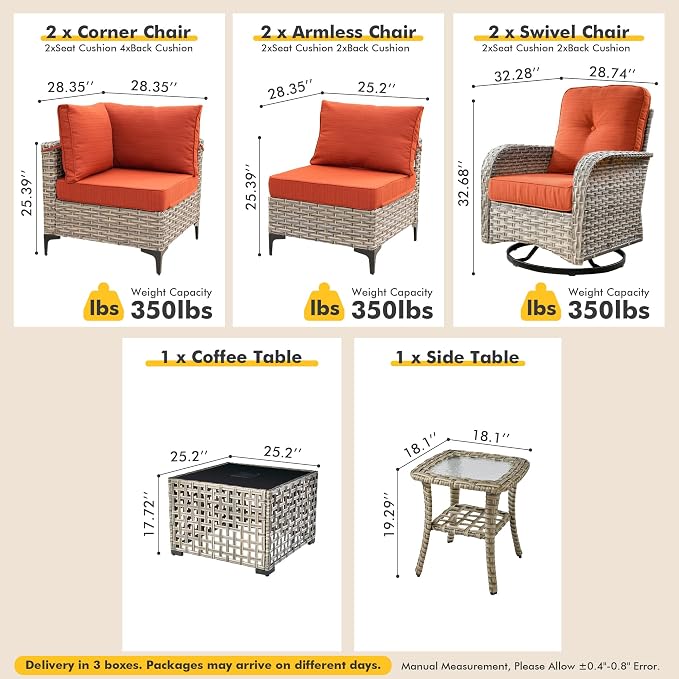 Patio Sectional Outdoor Furniture Set with Swivel Rocking Chairs and Glowing Table,8 Pieces Wicker Conversation Sets Modular Couch Out Door Sofa Outside Furniture for Garden Deck Yard Porch,Orange Red