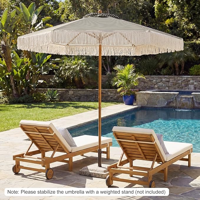 HAPPYGRILL 7 FT Patio Umbrella with Fringe, Outdoor Tassel Umbrella w/Sun-Protective Polyester Canopy, Wood-like Aluminum Pole, Air Vent, Boho Market Table Umbrella for Beach Backyard Poolside