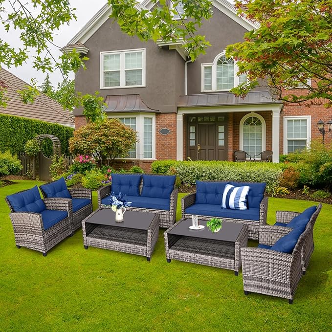 Tangkula 8 PCS Patio Wicker Conversation Furniture Set, Outdoor Rattan Sofa Set with Padded Cushion & Tempered Glass Coffee Table, Wicker Sectional Sofas & Table for Courtyard Balcony Garden (2, Navy)