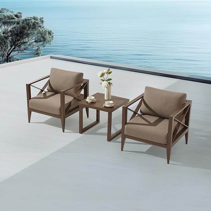 MBY Outdoor Aluminum Patio Furniture Set, 2-Seats Patio Conversation Sofa Set with 1 Coffee Table, All Weather for Pool, Balcony, Garden-Brown