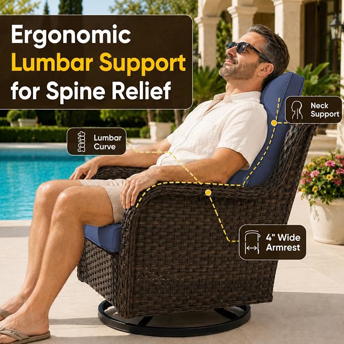 HUMMUH 3-Piece Swivel Rocking Rattan Chair Outdoor, Patio Bistro Furniture Conversation Set with Cover,Cushioned Wicker Chair with Glass Coffee Table(Brown, Blue)