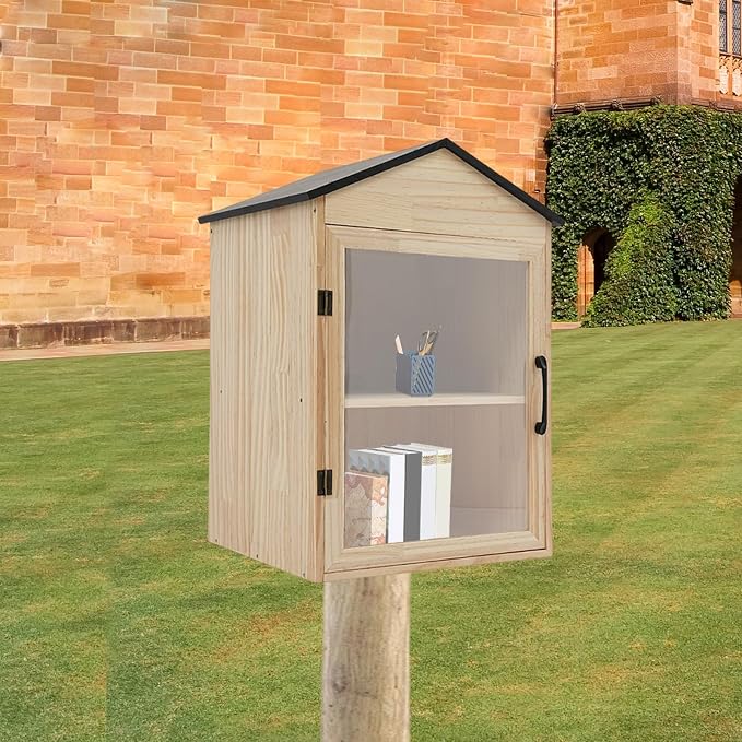Outdoor Library Book Box, 2-Tier Literature Exchange Kit, 25.4" Tall Outdoor Wood Cabinet for Sharing Books Community Literature, Flyers, Newspapers, Food Art