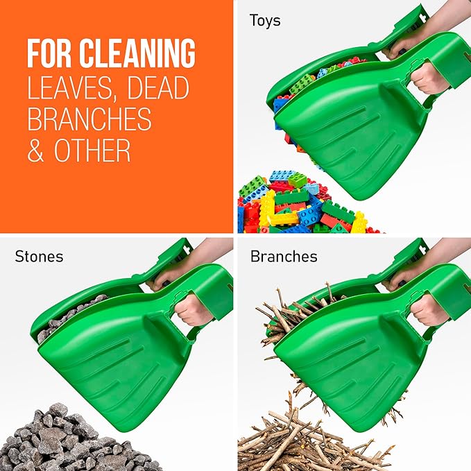 Child-Size Leaf Collector & Rake Set – Garden Leaf Scoops and Lawn Cleaning Tools for Kids, Includes 1 Rake and 1 Pair of Leaf Grabbers, Green Plastic – by Superio