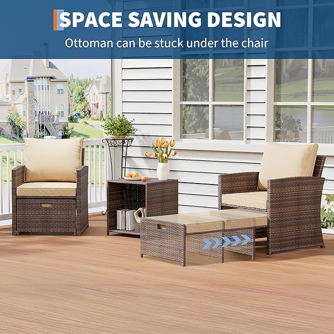 GAOMON Patio Furniture Set with Ottoman, 5 Pieces Outdoor Patio Conversation Set, Wicker Lounge Chairs with Soft Cushions & Storage Table, Outside Balcony Furniture for Porch Balcony Deck Poolside
