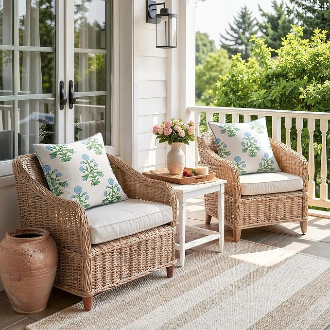 MIULEE Decorative Floral Outdoor Pillow Covers with Inserts Set of 2 18x18,Waterproof Vintage Fade Resistant Patio Throw Pillows with Piping for Spring Summer Garden Couch Sofa,Blue and Green