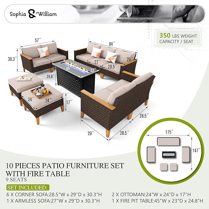 Sophia & William Oversized Patio Furniture Set with Fire Pit Table, Outdoor Wicker Rattan Sectional Sofa 8 Piece Patio Conversation Set for Deck, Backyard, Porch, Outside(45-Inch Fire Pit,Beige)