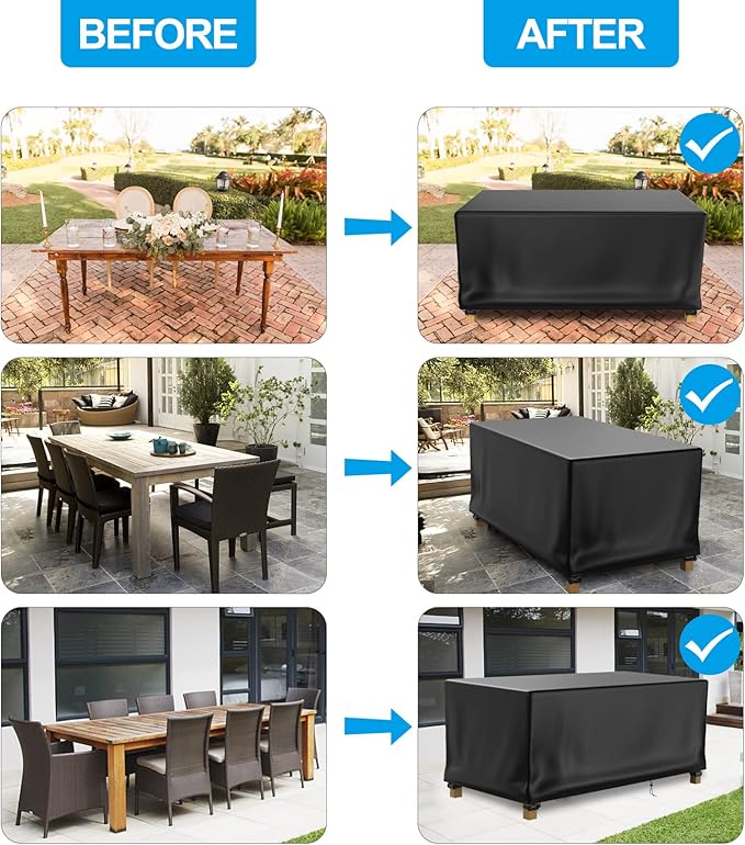 Patio Table Cover 100% Waterproof, 64x45x28 inch Outdoor Table Cover Rectangular, Patio Furniture Cover for Dinning Furniture, Picnic Coffee Tables Chairs and Sofas, Black