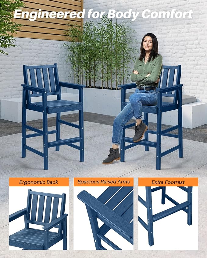 5-Piece HDPE Patio Bar Set, Rectangular Bar Height Table and 4 Adirondack Bar Chairs, All-Season Outdoor Bar Stools Set, Outdoor Bar Table and Chairs Set for Outside, Balcony, Deck, Navy