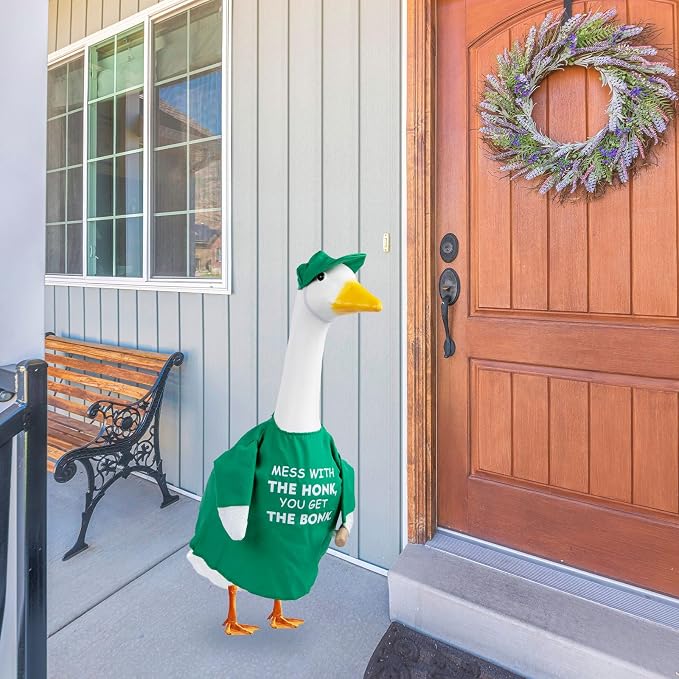 CAMDUCK Funny Porch Goose Outfit for 23 Inch Goose Statue, Mess with The Honk You Get The Bonk Goose Clothes, Decorative Lawn Geese Costume Clothing for Outdoor Decor (Green)