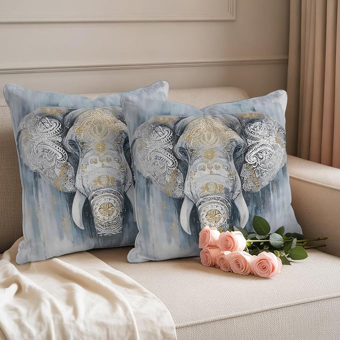 Boho Elephant Outdoor Pillow Covers 20"x20" Set of 2, Floral Pattern Animal Abstract Waterproof Throw Pillow Covers for Patio Furniture, Decorative Cushion Covers for Porch