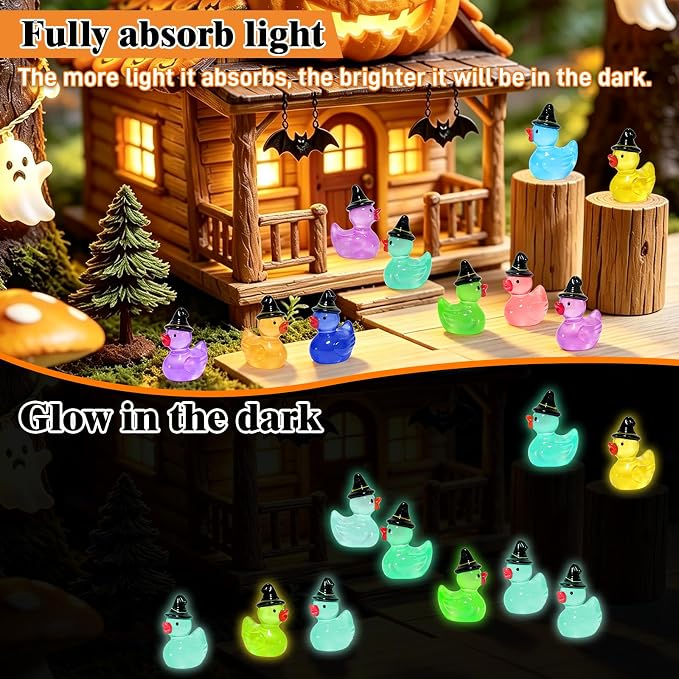 100 Pcs Halloween Luminous Mini Resin Ducks Glow in the Dark Tiny Little Plastic Duck Figures with Witch Hat Miniature Figurines for Crafts Micro Landscape Fairy Garden Party Decor